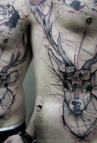 腰部素描风格黑色鹿头纹身图案