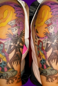 手臂彩色怪物夫妇与猫和蝙蝠纹身图案
