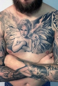 胸部精彩的黑白天使纹身图案
