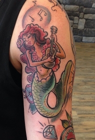 手臂卡通彩色纹身美人鱼与吉他和钻石纹身图案