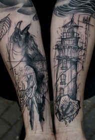 手臂素描风格黑色灯塔和乌鸦纹身图案