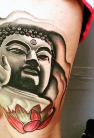 大腿黑白莲花如来佛祖雕像纹身图案