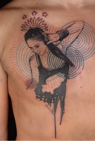 胸部彩色女生肖像与蓝色圆圈和星星纹身图案