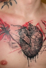 精致的心脏与红色的花朵胸部纹身图案