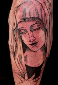 雕刻风格黑色线条圣母玛利亚纹身图案