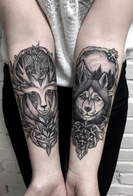 手臂雕刻风格黑色鹿和森林狼纹身图案