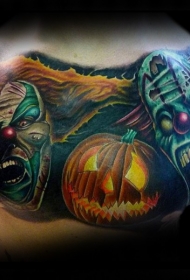 胸部插画风格彩色小丑怪物和南瓜纹身图案