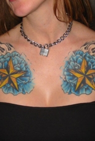 彩色五角星和蓝色花朵纹身图案