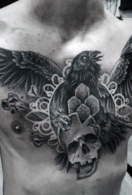 胸部黑色乌鸦与骷髅骨头纹身图案