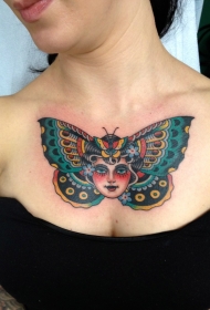 胸部女生头像和蝴蝶翅膀纹身图案
