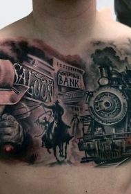 胸部彩色西方火车人像复古纹身图案