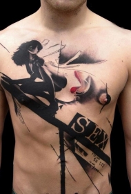 男性胸部神秘的性感女人字母纹身图案