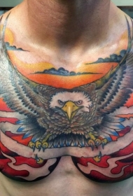 胸部卡通彩色夕阳和老鹰纹身图案