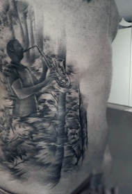 侧肋黑灰萨克斯音乐家纹身图案