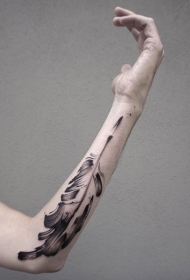 手臂羽毛黑色水墨风格纹身图案