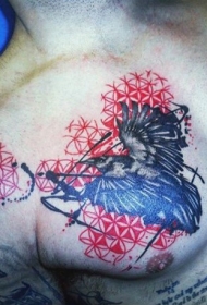现代风格彩色乌鸦胸部纹身图案