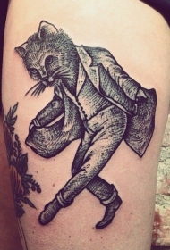 大腿黑色猫行屈膝礼纹身图案