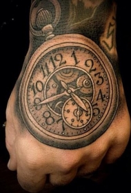 手背写实的黑白时钟纹身图案