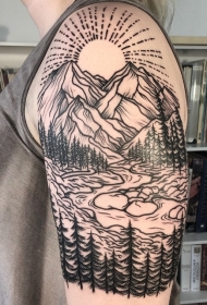 大臂黑色山区河流与太阳和森林纹身图案