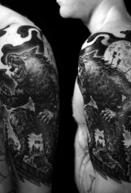 肩部惊艳的插画风格黑白狼人与月亮纹身图案