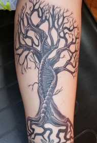 小腿壮观的黑色基因符号形状树纹身图案