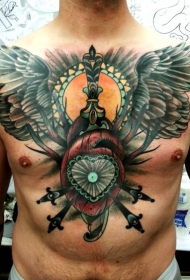 胸部和腹部彩色心脏与翅膀和匕首纹身图案