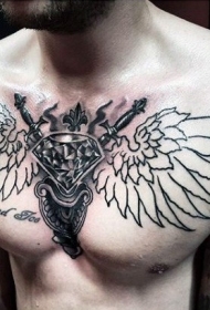 胸部黑色线条翅膀和逼真的钻石纹身图案