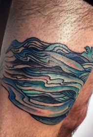大腿简单的蓝色小波浪纹身图案