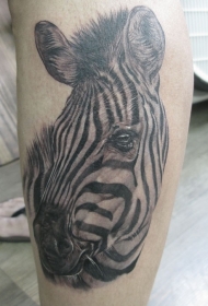 小腿奇妙逼真的黑白斑马纹身图案