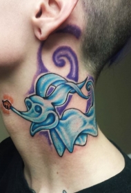 卡通蓝色幽灵老鼠颈部纹身图案