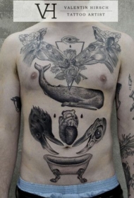胸部和腹部各种各样的黑色动物纹身图案