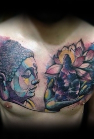 胸部插画风格的彩色莲花如来佛祖头像纹身图案