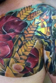 胸部奇妙的五彩花朵植物纹身图案