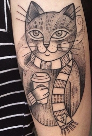 old school猫与咖啡杯纹身图案