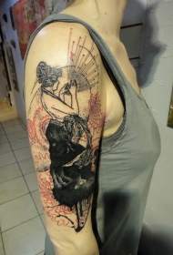大臂黑色艺妓与红色花纹纹身图案