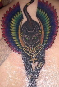 埃及黑猫与彩色翅膀纹身图案