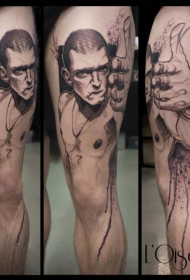 大腿素描风格黑色黑帮男纹身图案