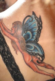 背部裸体蝴蝶翅膀精灵纹身图案
