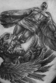 腹部黑色伊卡洛斯和代达罗斯肖像纹身图案