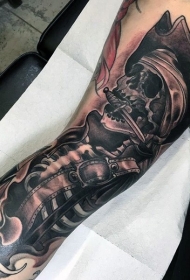 腿部黑灰风格海盗骷髅匕首纹身图案