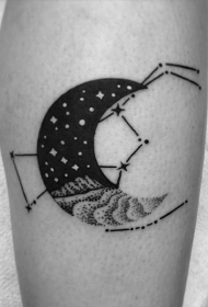 腿部小小的黑白月亮与星座符号纹身图案