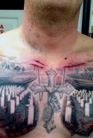 胸部彩绘军事墓地十字架和鲜花纹身图案