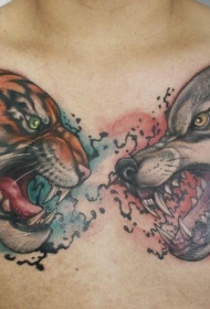 老虎和狼头胸部纹身图案