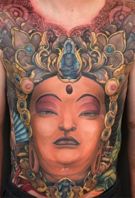胸部和腹部彩色华丽的如来佛祖神像纹身图案