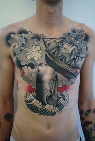 鲸鱼船舶浪花胸部纹身图案