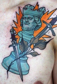胸部old school王者雕塑与匕首纹身图案