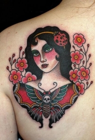 背部old school女性肖像和蝴蝶骷髅纹身图案