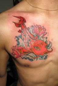 胸部红色鲤鱼纹身图案