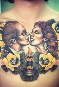 old school彩色胸部鲜花蜡烛和夫妻肖像纹身图案