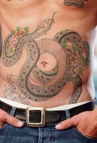 腹部黑灰蛇与花朵纹身图案